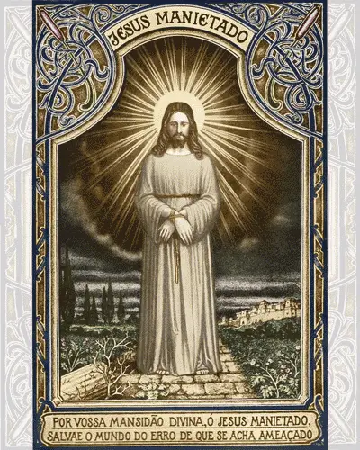Estampa do início da década de 1930 que representa a iconografia de Jesus Manietado, recolorida pelo Apostolado de Nossa Senhora das Lágrimas Brasil. Créditos: Blog Palavras de Seda de Rita Elisa Sêda