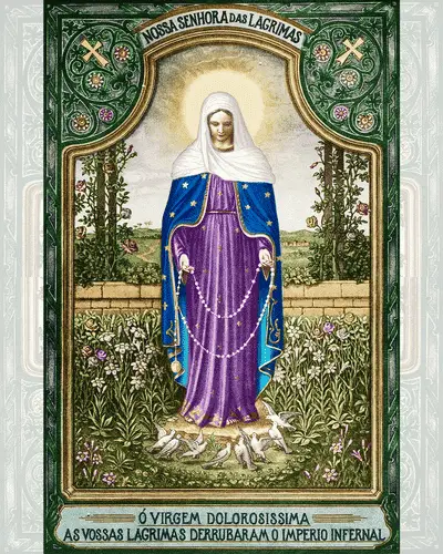 Estampa do início da década de 1930 que representa a iconografia de Nossa Senhora das Lágrimas, recolorida pelo Apostolado de Nossa Senhora das Lágrimas Brasil. Créditos: Blog Palavras de Seda de Rita Elisa Sêda