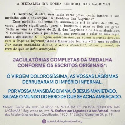 Frases da medalha de Nossa Senhora das Lágrimas - Apostolado de Nossa Senhora das Lágrimas Brasil (@ApostoladoLagrimasBrasil)